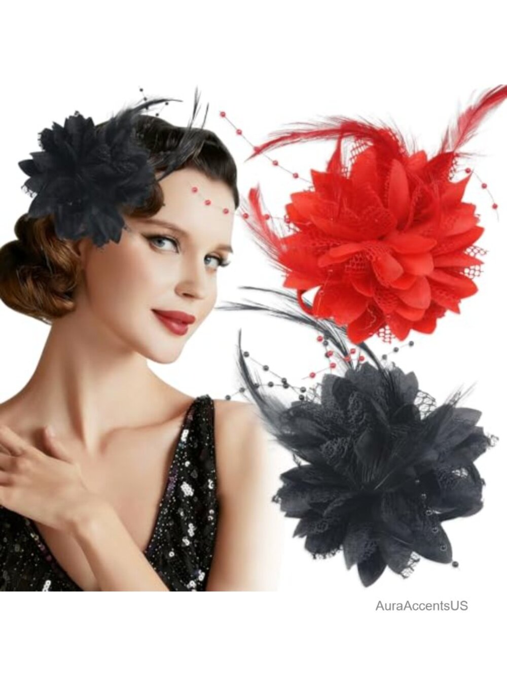 2 Pc Feather Flower Hair Clip Scrunchies Bridal Wedding Prom Fascinator